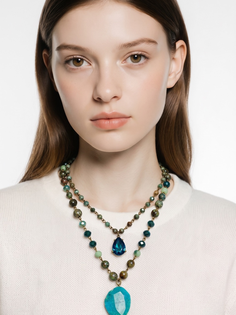 Layered Teal & Emerald Stone Pendant Necklace